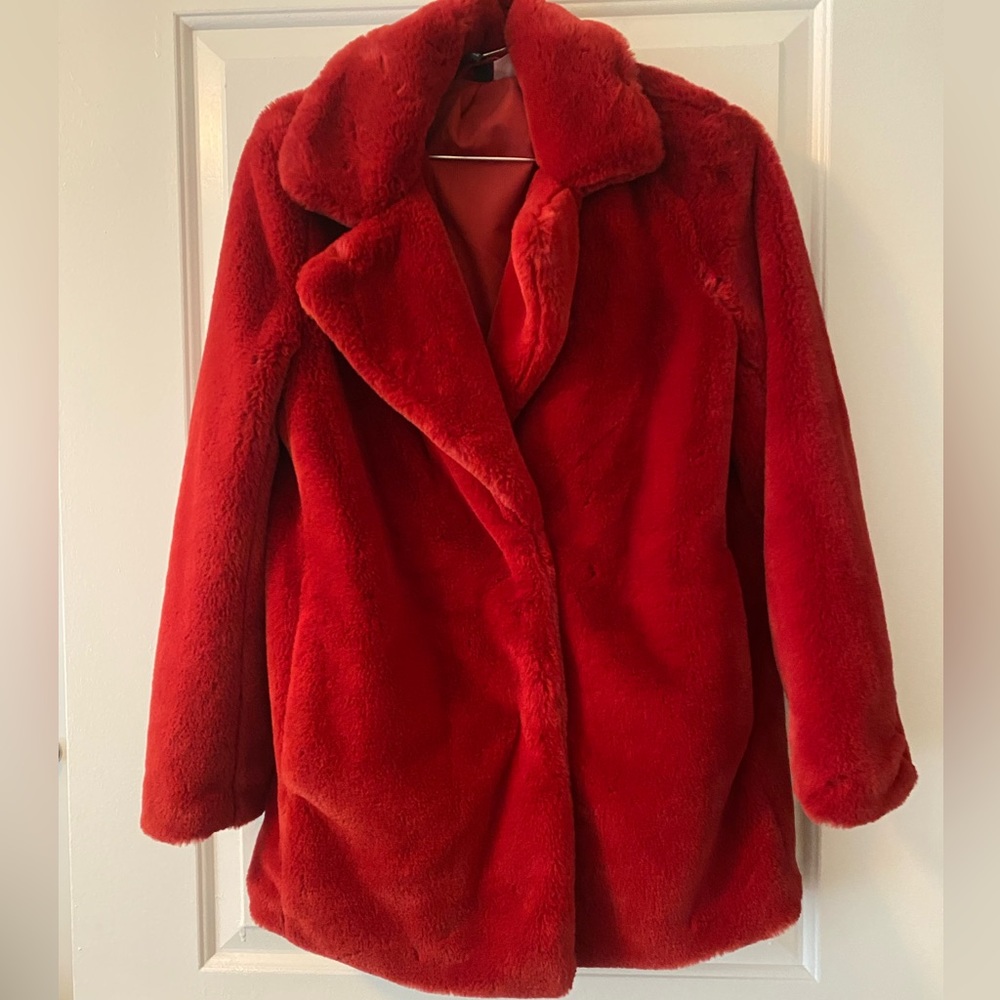 Red faux fur coat